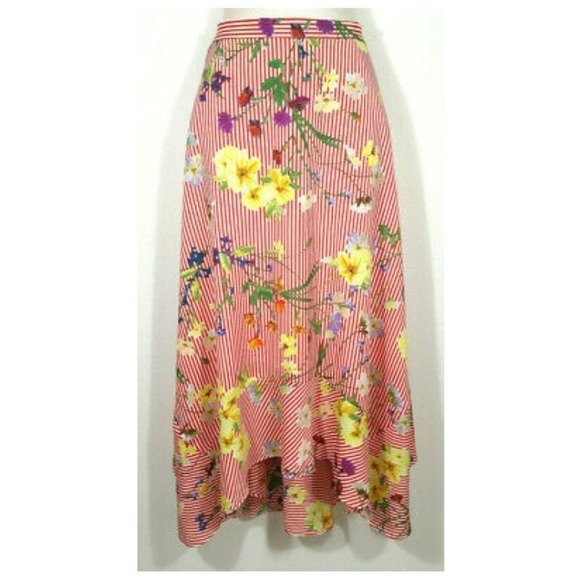 Calvin Klein red striped floral asymmetrical handkerchief hem skirt plus Size 2X - Picture 3 of 7